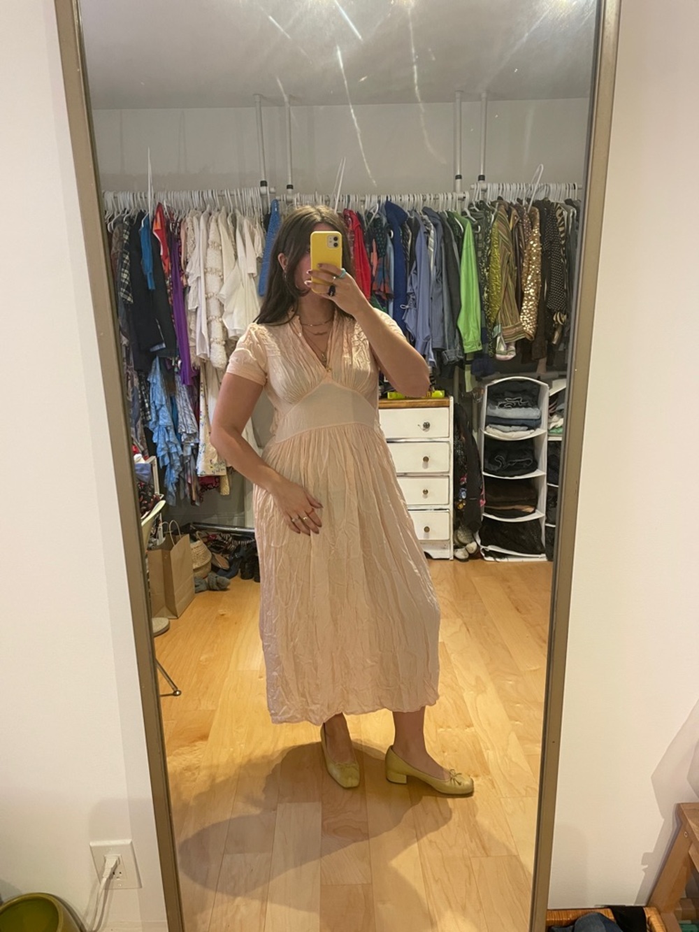 Vintage Pink V-Neck Midi Dress